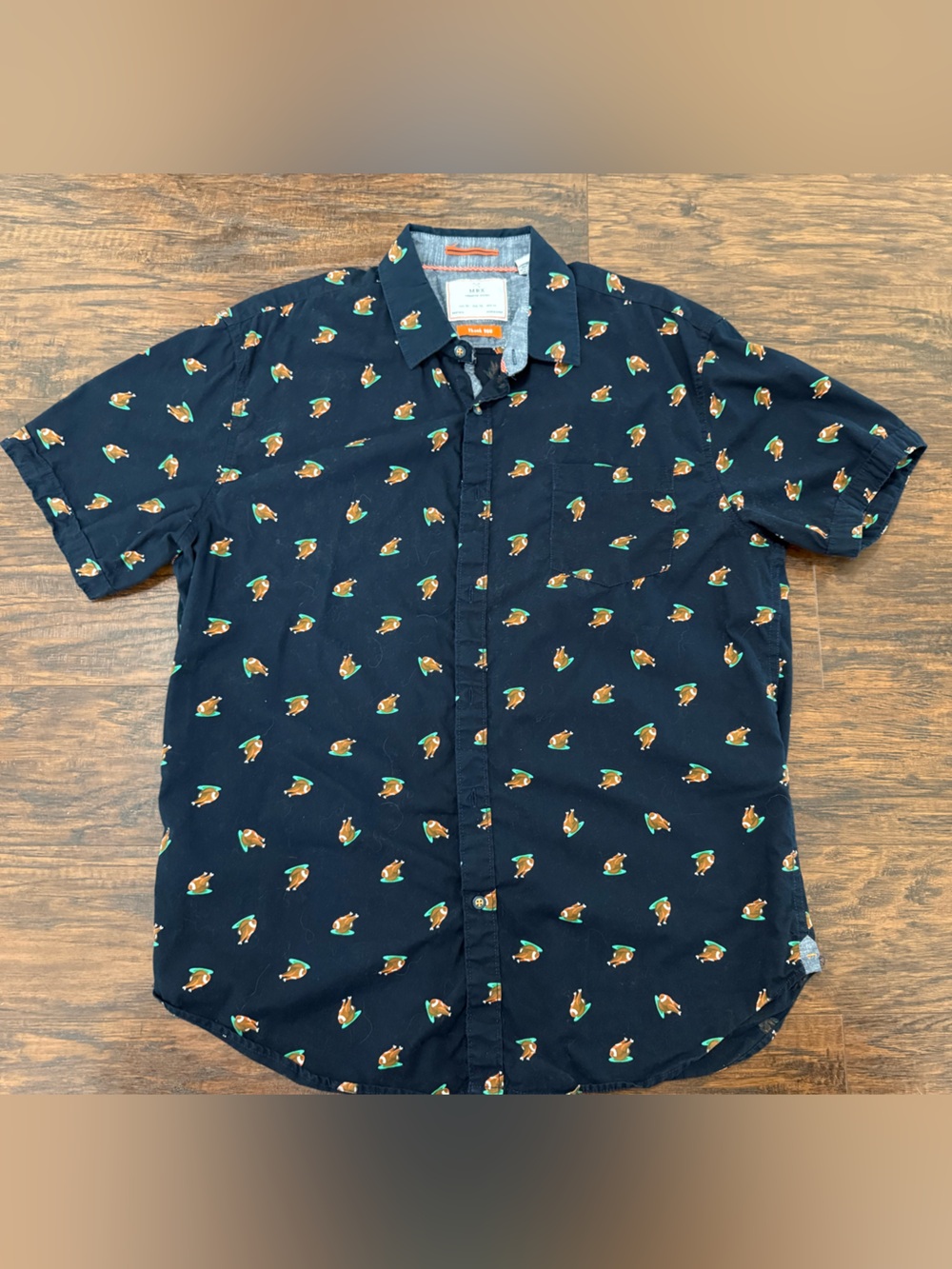 Navy Short-Sleeve Button-Down Shirt with Football Turkey Print